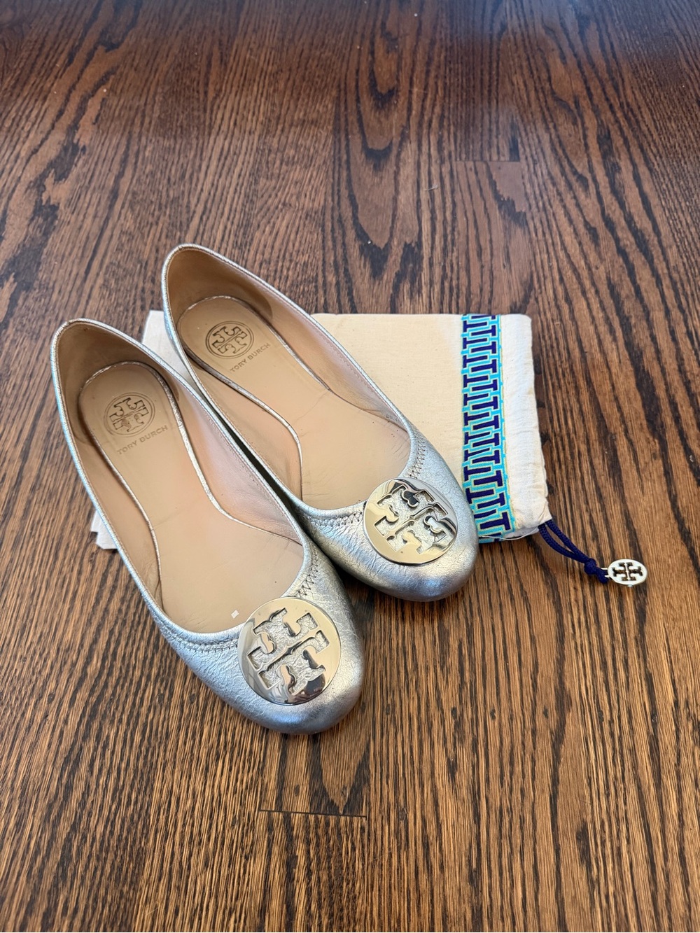 Tory Burch Silver Leather Logo Ballet Flats
